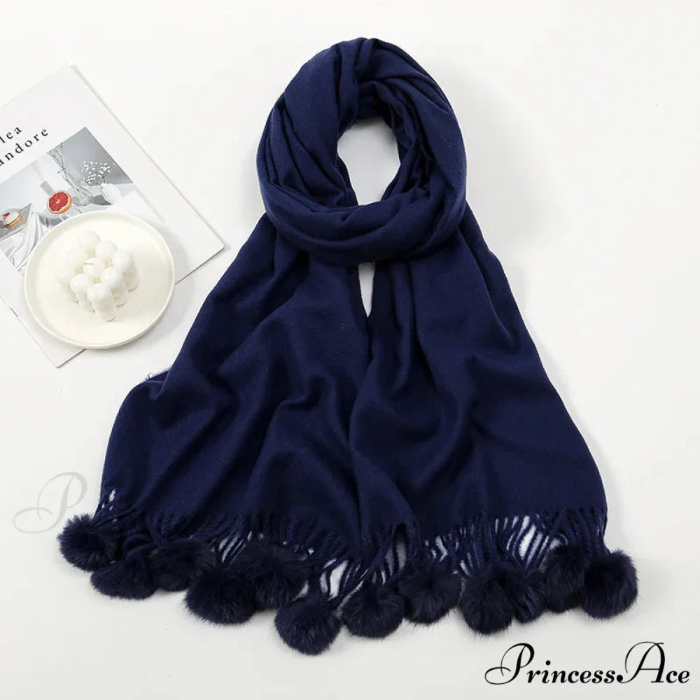 Rabbit Fur Ball Cashmere Pompom Oversize Blanket Scarf for Women DARK BLUE