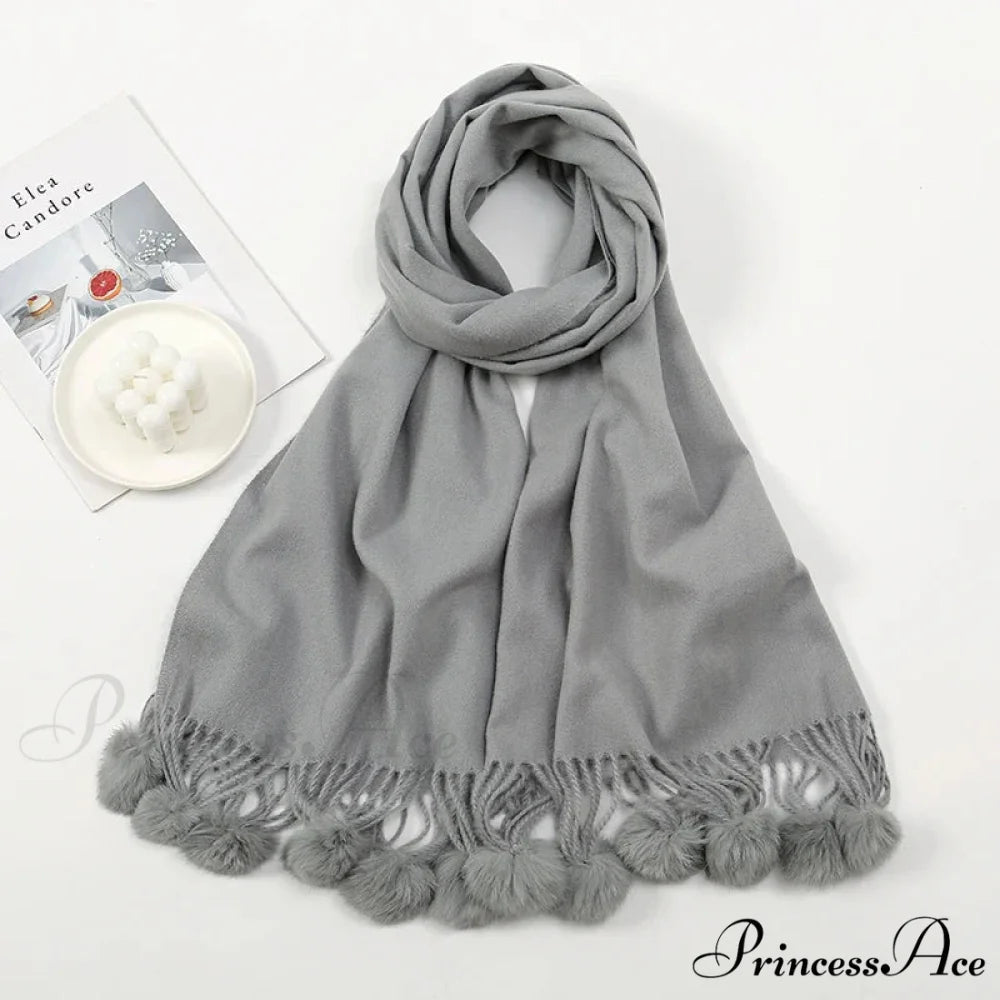 Rabbit Fur Ball Cashmere Pompom Oversize Blanket Scarf for Women GREY