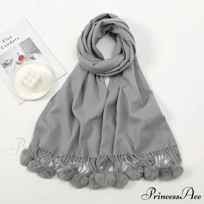 Rabbit Fur Ball Cashmere Pompom Oversize Blanket Scarf for Women GREY