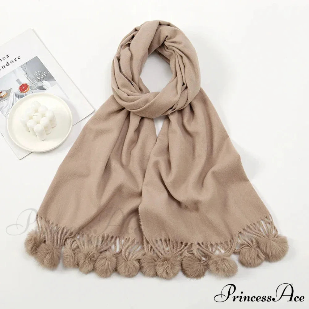 Rabbit Fur Ball Cashmere Pompom Oversize Blanket Scarf for Women KHAKI