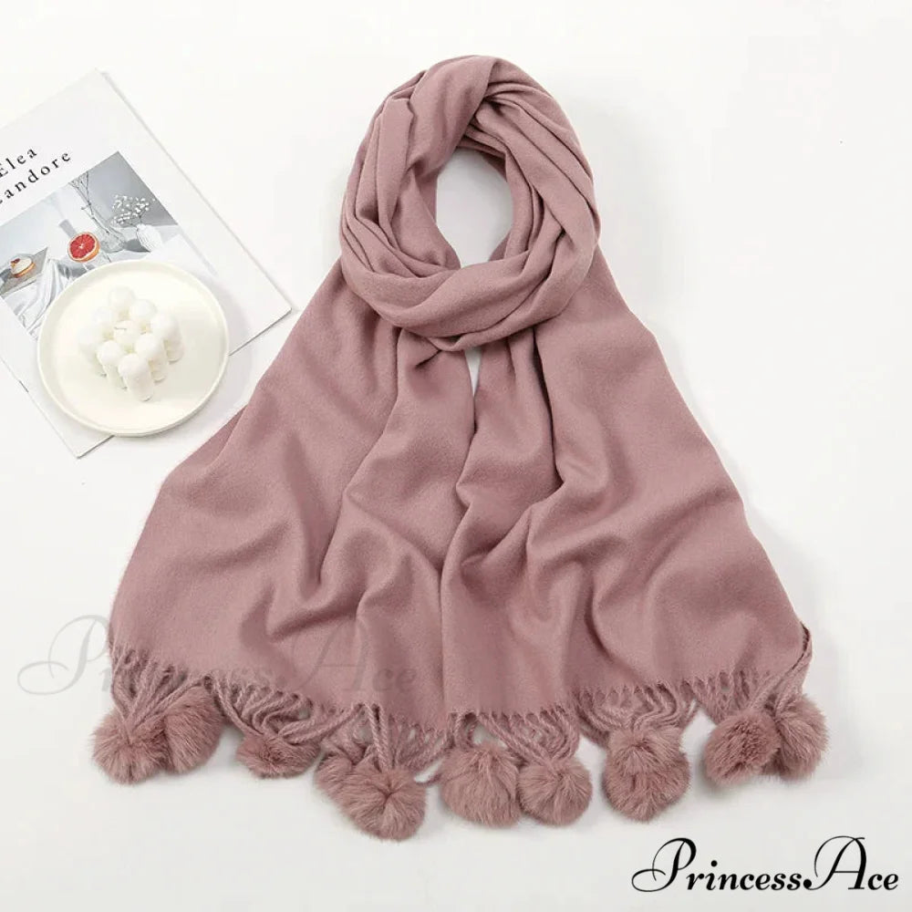 Rabbit Fur Ball Cashmere Pompom Oversize Blanket Scarf for Women PINK