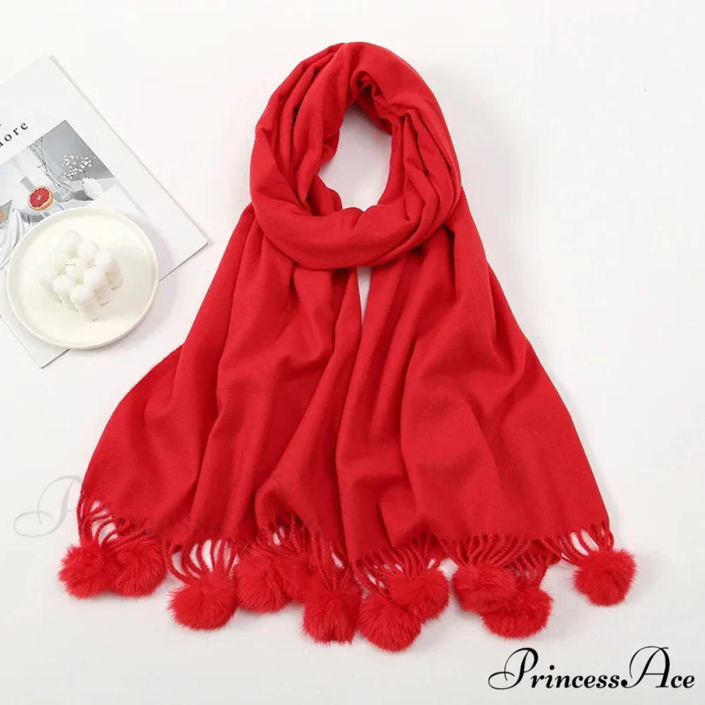 Rabbit Fur Ball Cashmere Pompom Oversize Blanket Scarf for Women RED