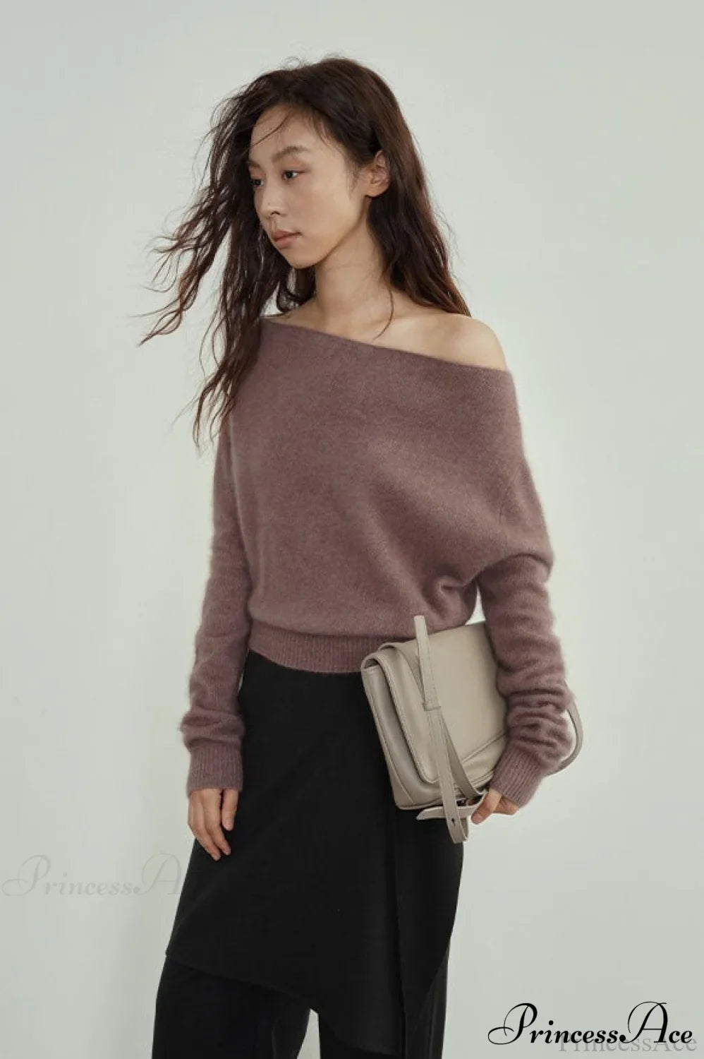 Raccoon Fur Off-Shoulder Cropped Slouchy Knit Top