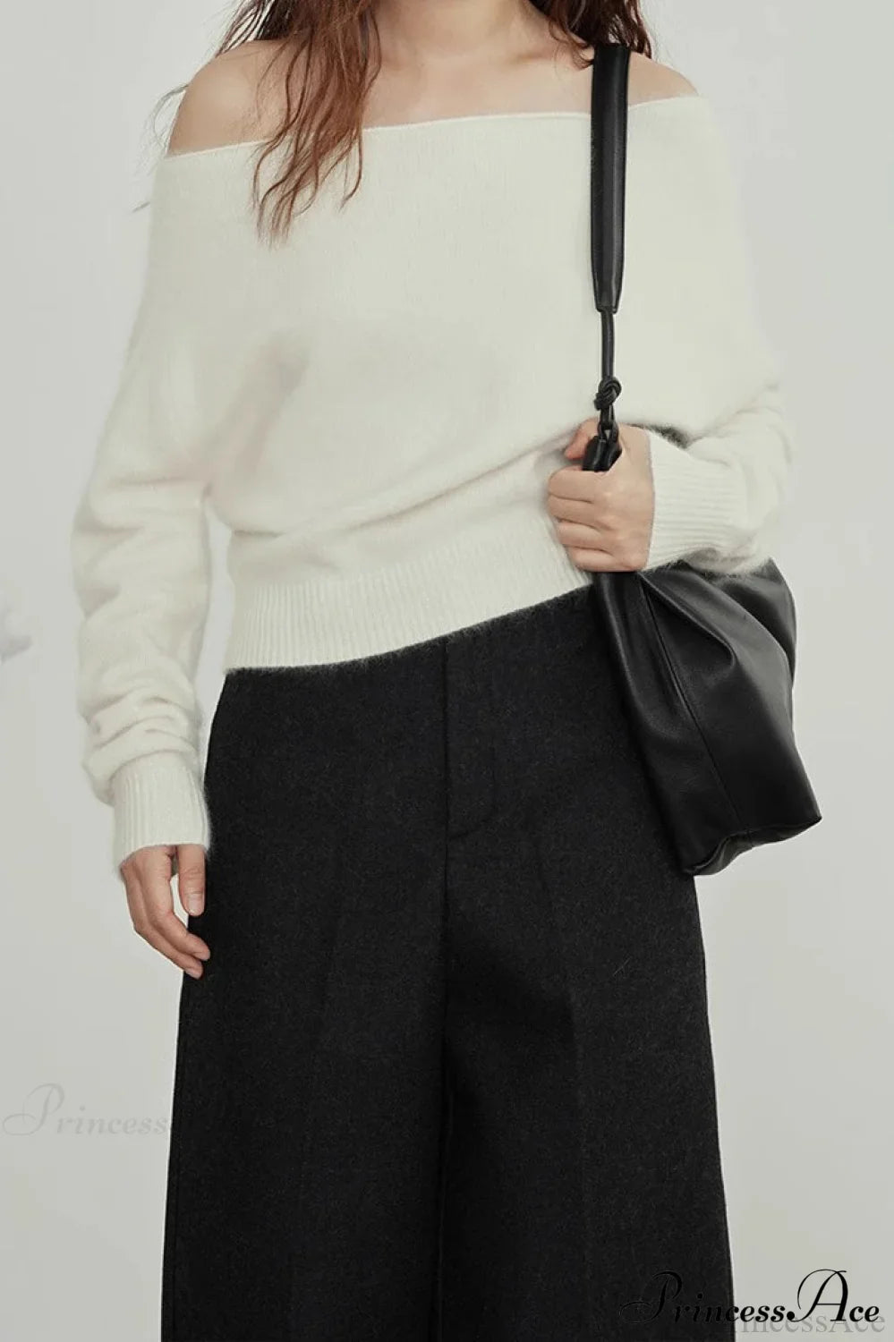 Raccoon Fur Off-Shoulder Cropped Slouchy Knit Top