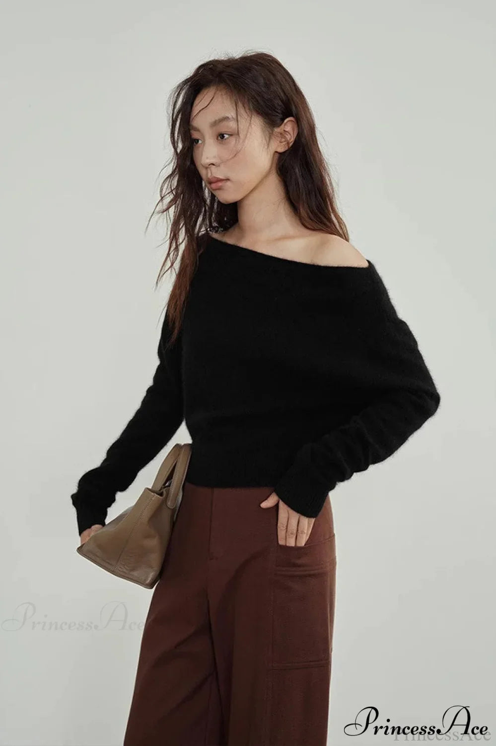 Raccoon Fur Off-Shoulder Cropped Slouchy Knit Top Black / One Size