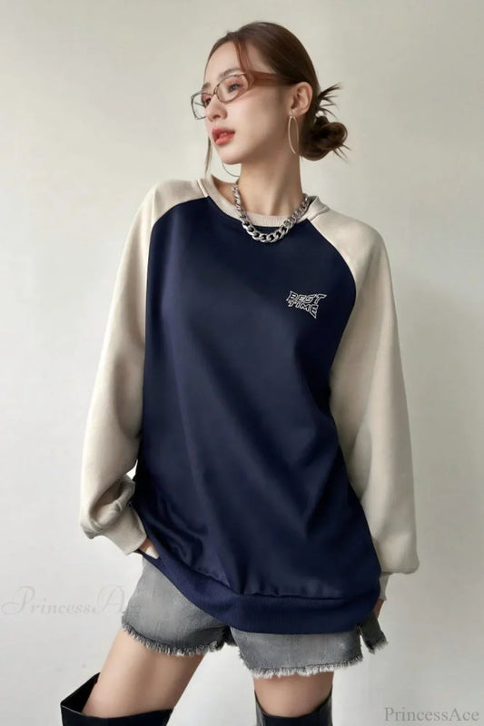 Raglan Sleeve Color Block Crew Neck Relaxed Sweatshirts