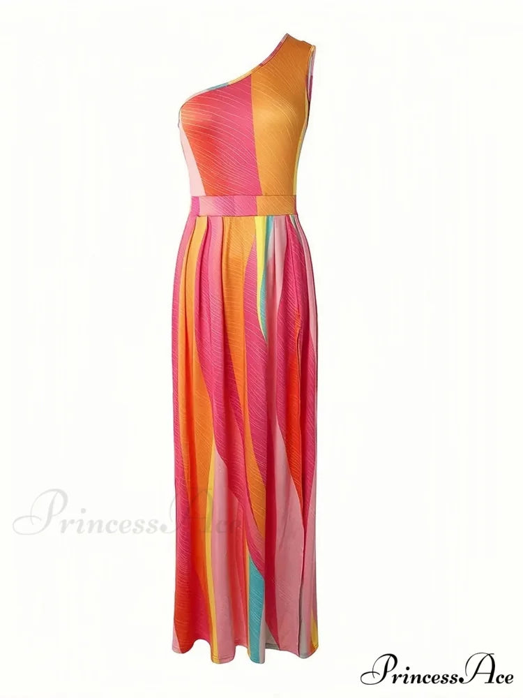 Rainbow High Slit Maxi Dress with One Shoulder