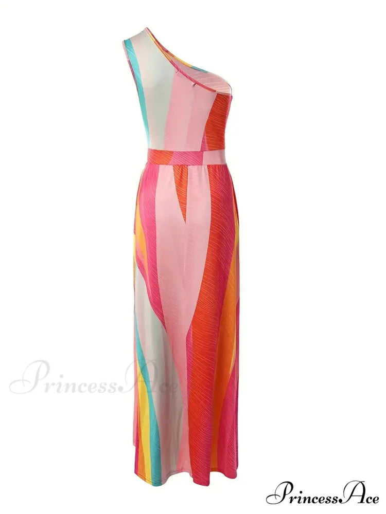 Rainbow High Slit Maxi Dress with One Shoulder