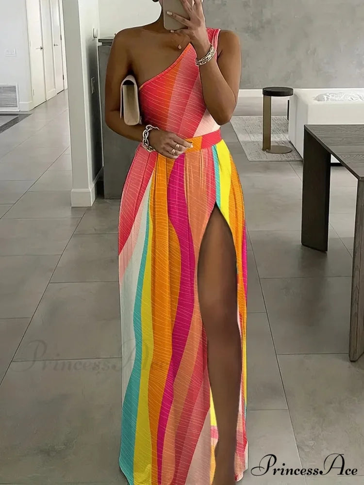 Rainbow High Slit Maxi Dress with One Shoulder