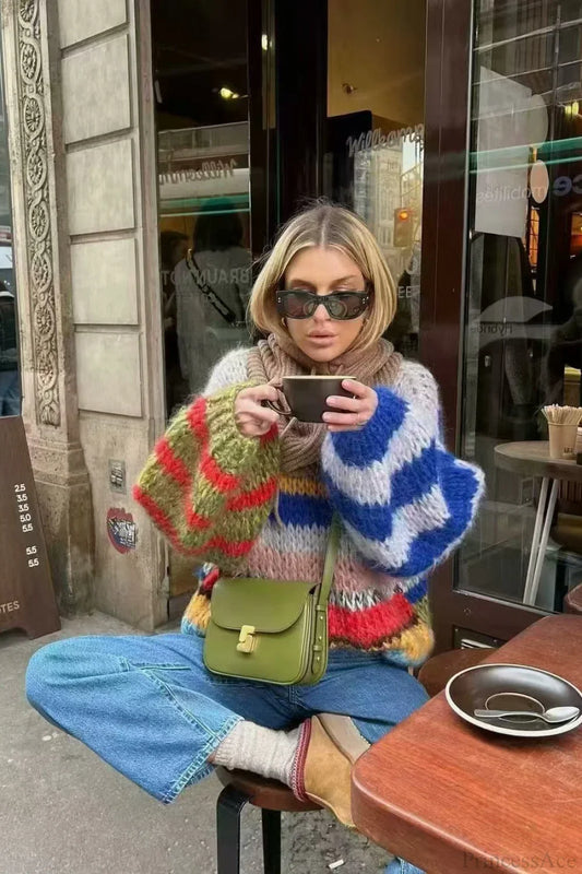 Rainbow Stripe Versatile Crewneck Long Sleeve Chic Knit Sweater