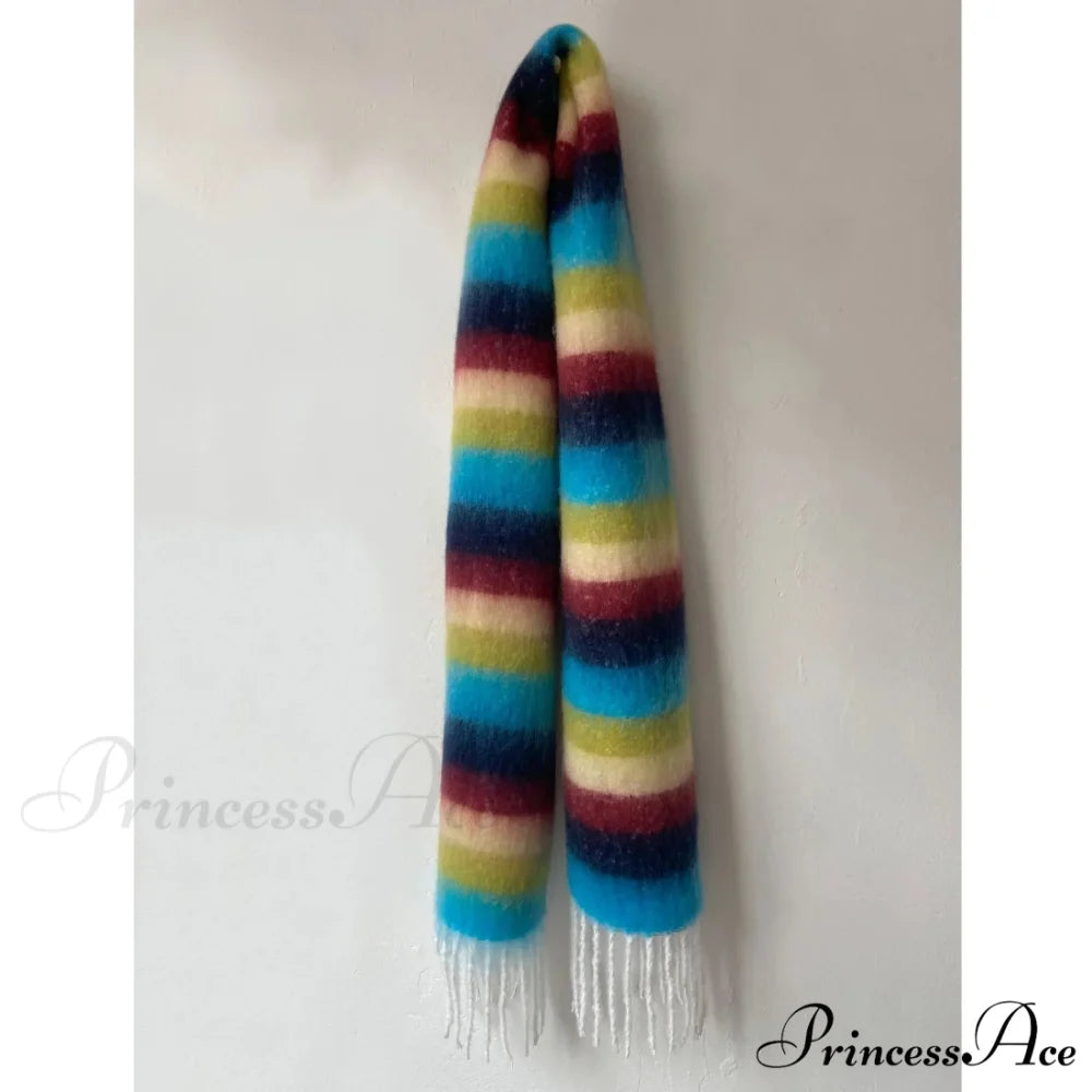 Rainbow Striped Thick Muffler Scarf for Autumn/Winter Warmth blue-navy / L214cm W35cm