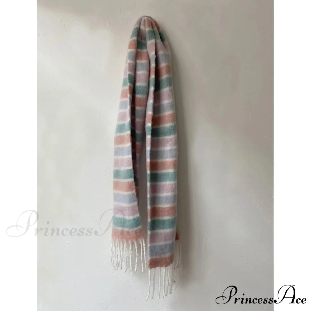 Rainbow Striped Thick Muffler Scarf for Autumn/Winter Warmth BLUE PINK / L214cm W35cm