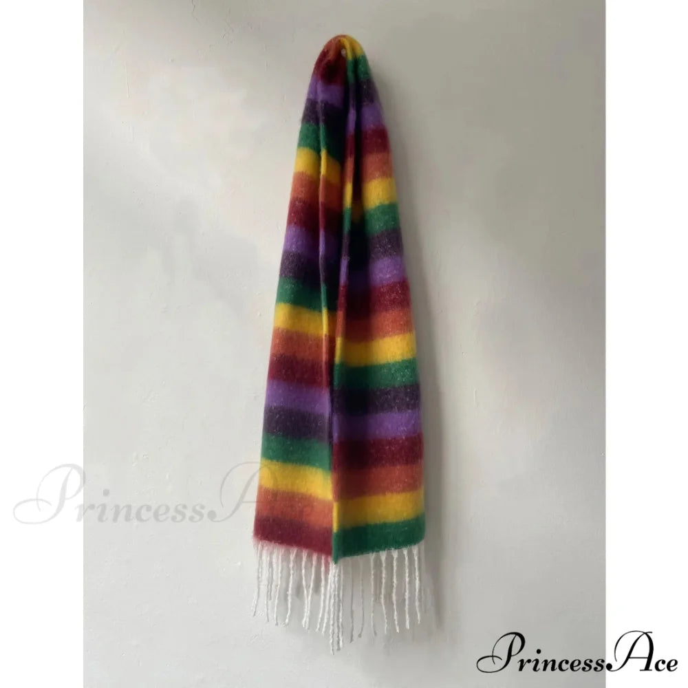 Rainbow Striped Thick Muffler Scarf for Autumn/Winter Warmth green purple / L214cm W35cm