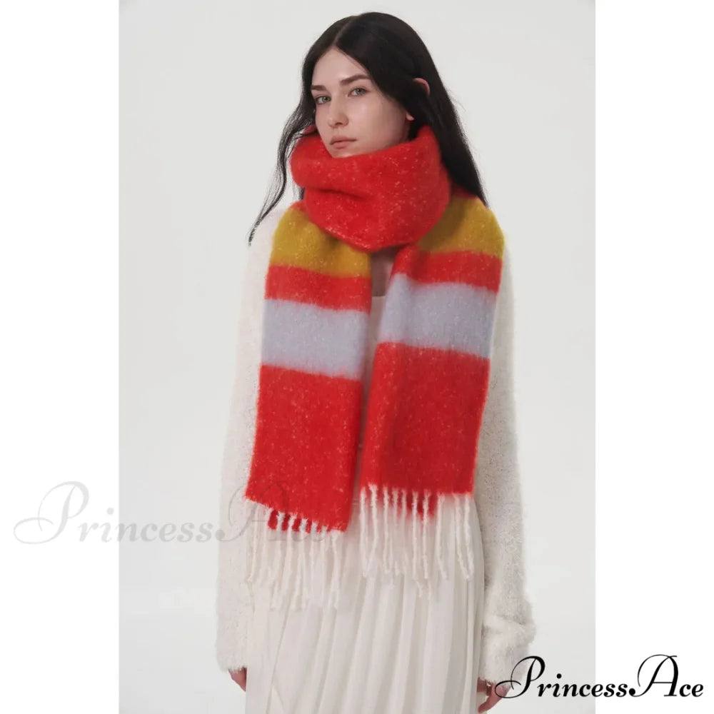 Rainbow Striped Thick Muffler Scarf for Autumn/Winter Warmth red purple / L214cm W35cm