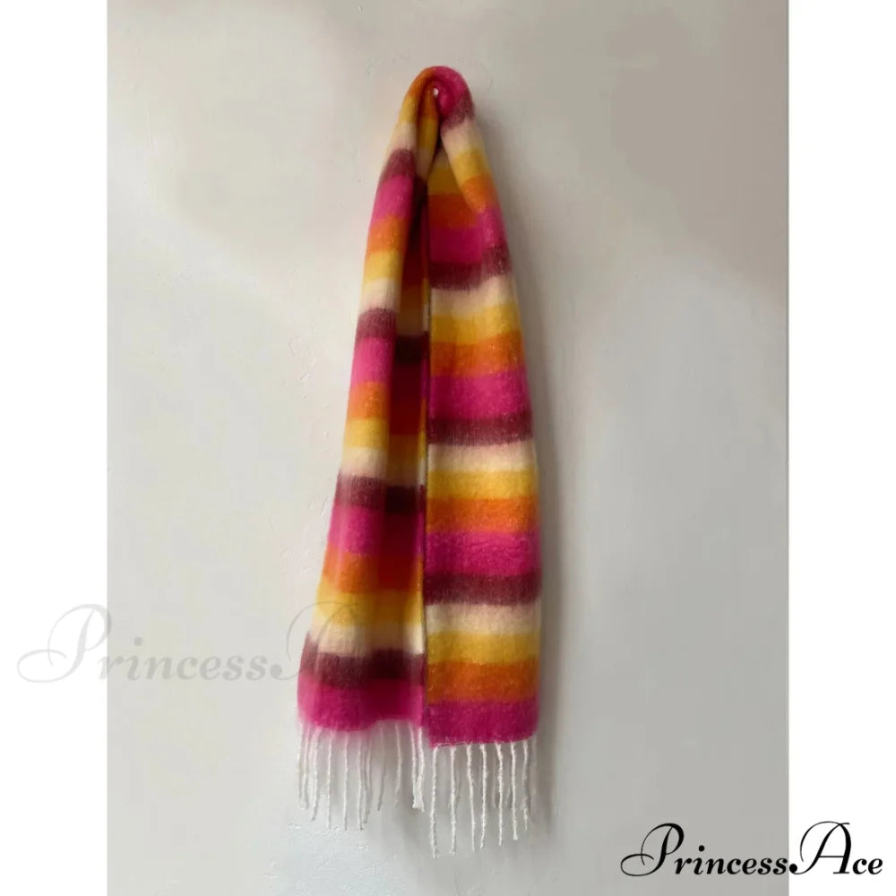 Rainbow Striped Thick Muffler Scarf for Autumn/Winter Warmth rose orange / L214cm W35cm