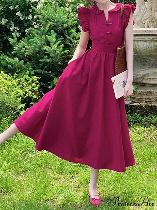 Raspberry Red Summer Dress with Flying Sleeves and Doll Collar