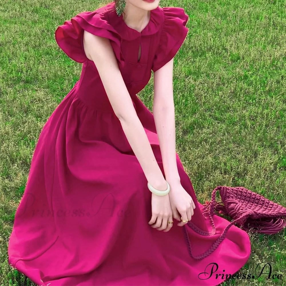 Raspberry Red Summer Dress with Flying Sleeves and Doll Collar