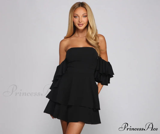 Ravishing Ruffles Stylish A-Line Mini Dress BLACK / S