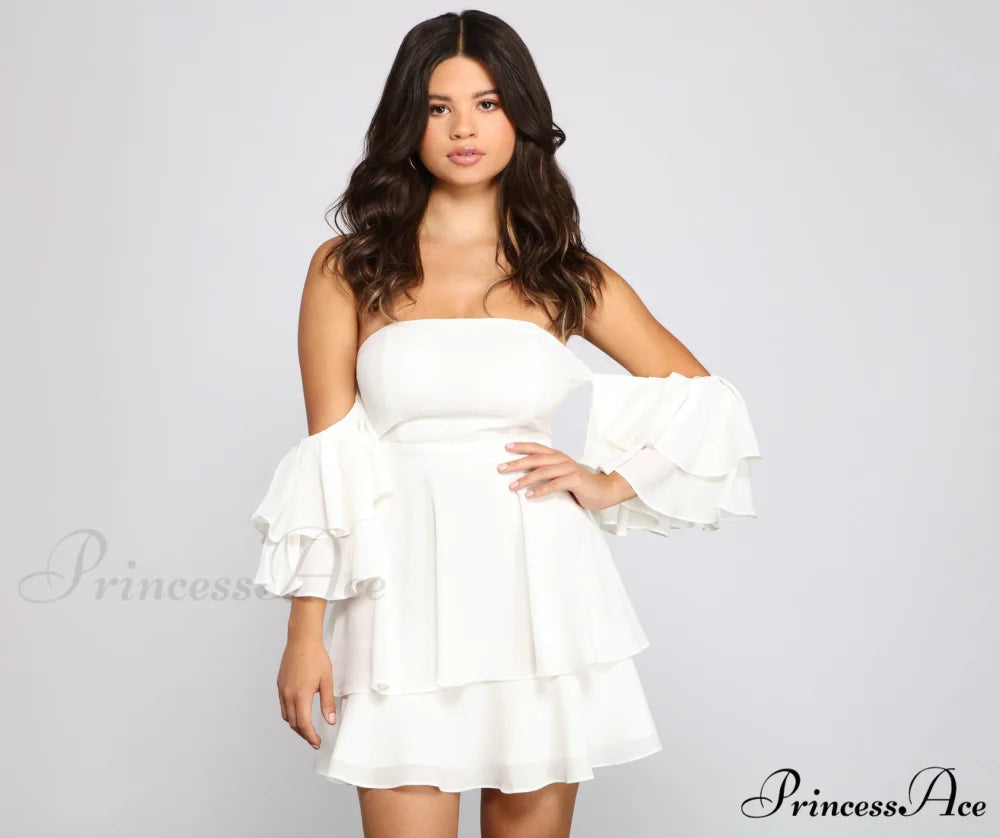 Ravishing Ruffles Stylish A-Line Mini Dress IVORY / S
