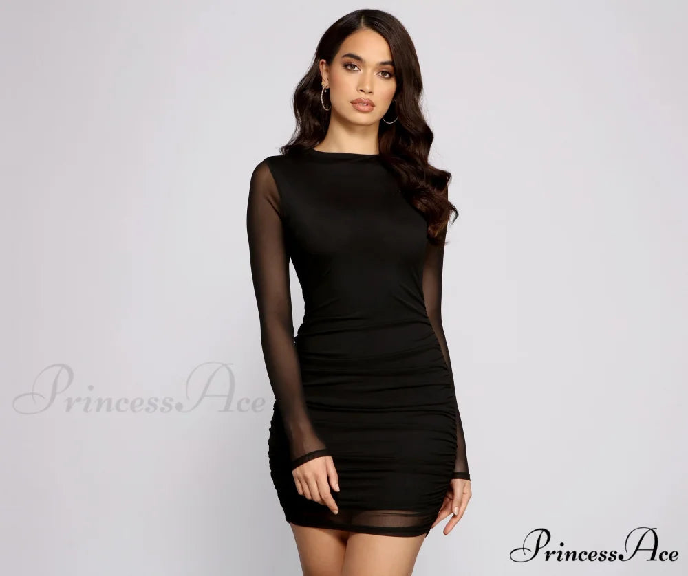 Ready and Ruched Charming Mesh Mini Dress BLACK / XS