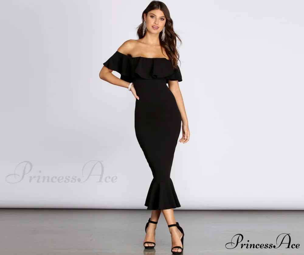 Ready And Stylish Ruffled Midi Dress BLACK / XS