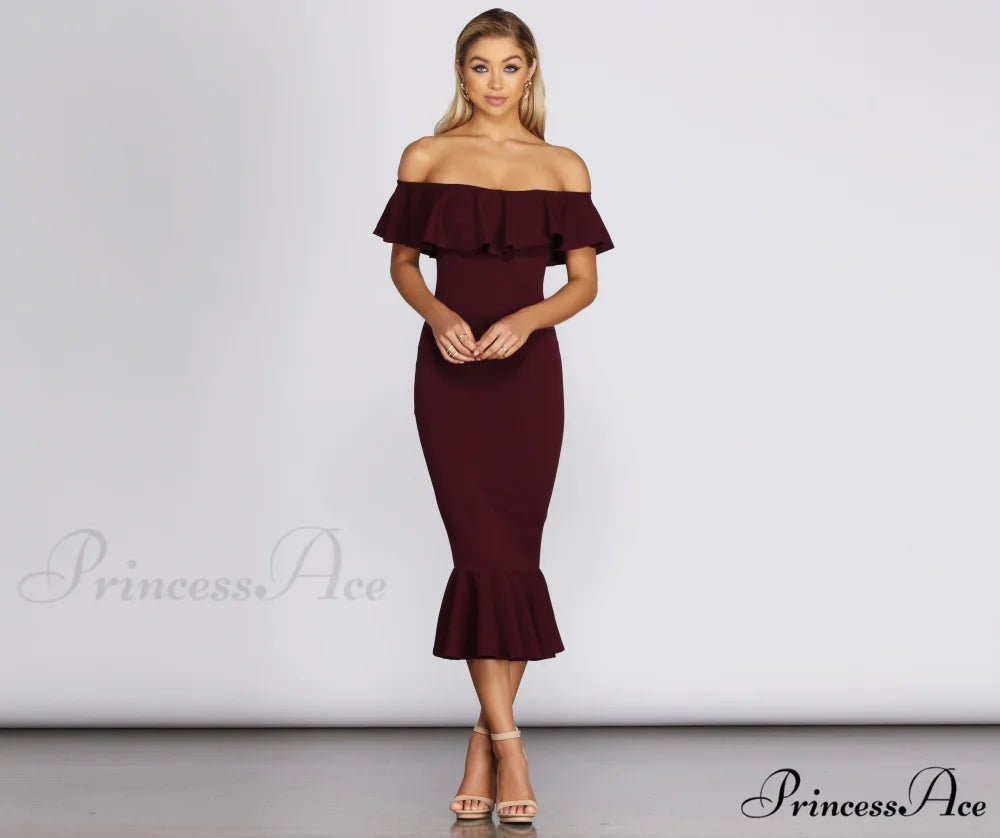 Ready And Stylish Ruffled Midi Dress BURGUNDY / XS