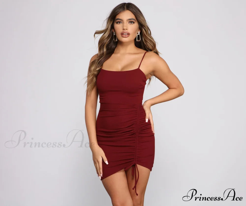 Ready To Stylish Ruche Mini Dress BURGUNDY / XS