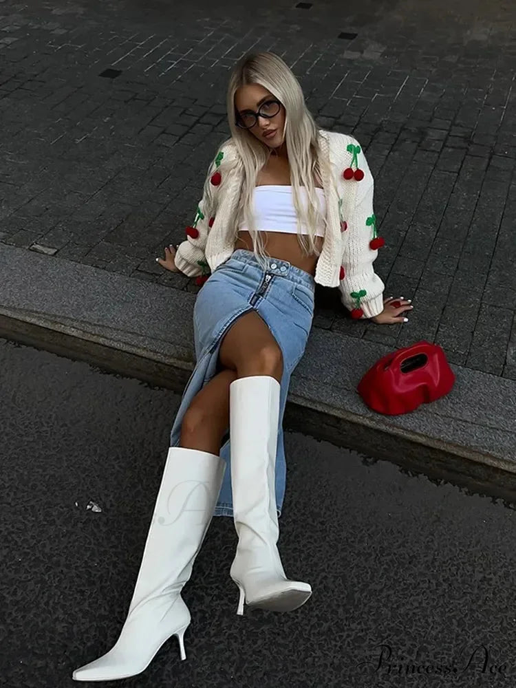 Red Adorned V-neck Cardigan Sweater cardigans-241228