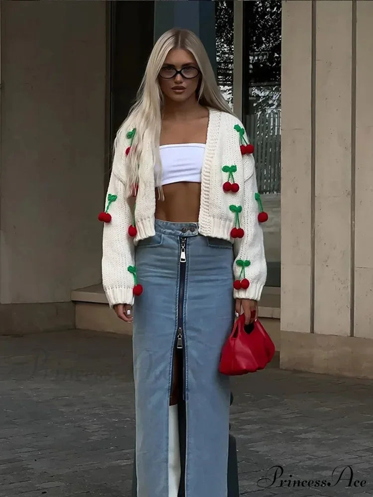 Red Adorned V-neck Cardigan Sweater cardigans-241228