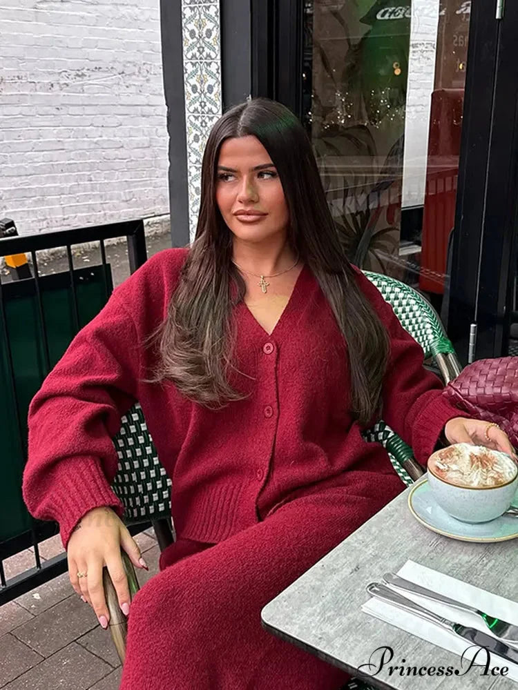 Red Baggy Plunging Neckline Solo Buttoned Cardigan cardigans-241228