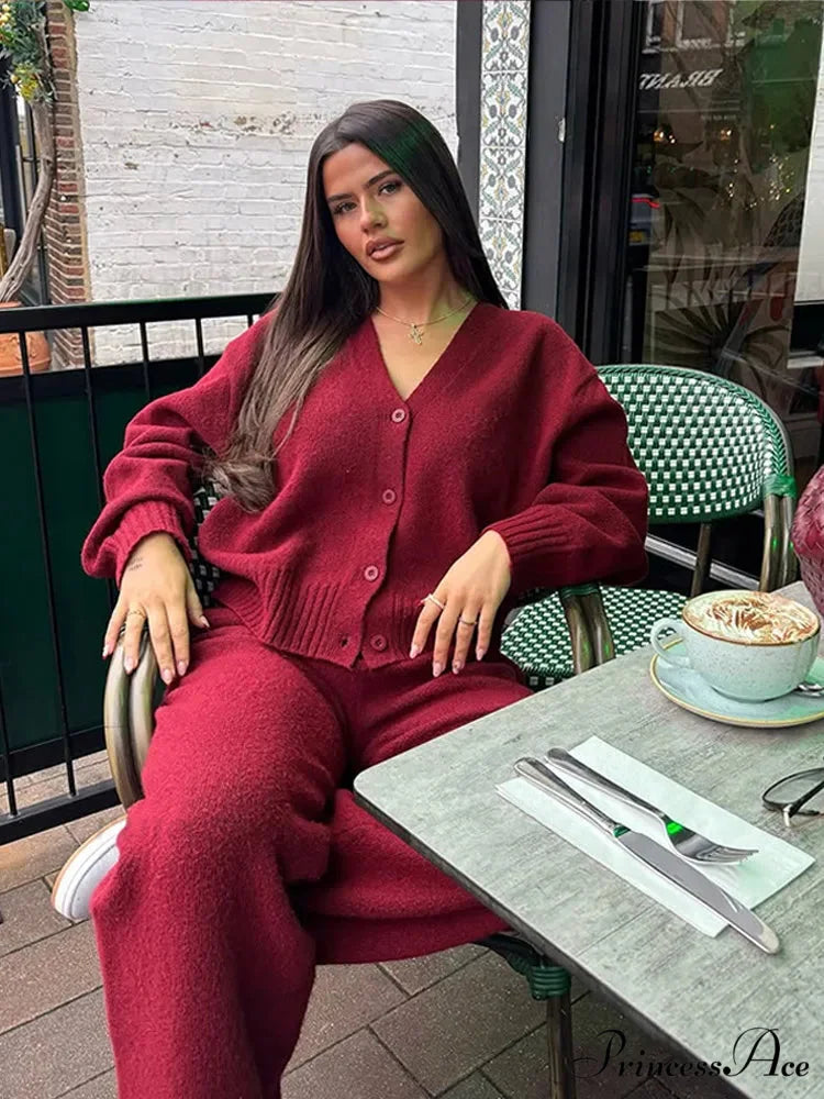 Red Baggy Plunging Neckline Solo Buttoned Cardigan cardigans-241228