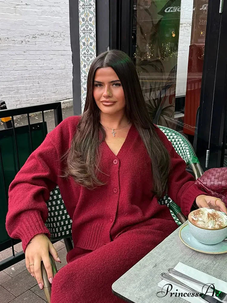 Red Baggy Plunging Neckline Solo Buttoned Cardigan cardigans-241228