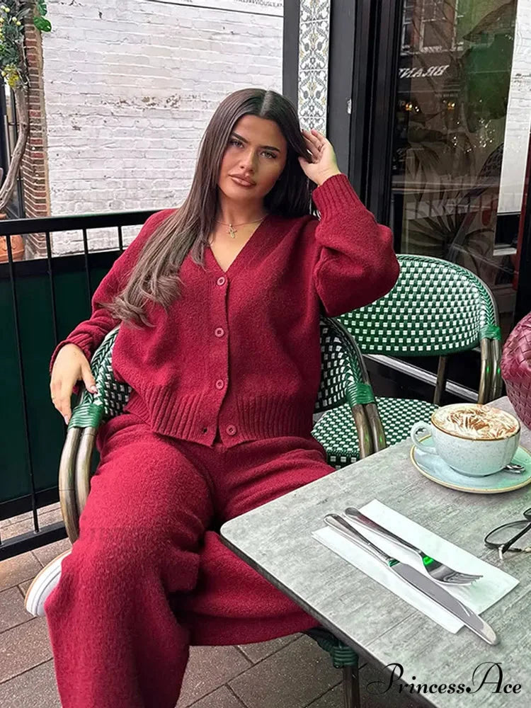 Red Baggy Plunging Neckline Solo Buttoned Cardigan cardigans-241228