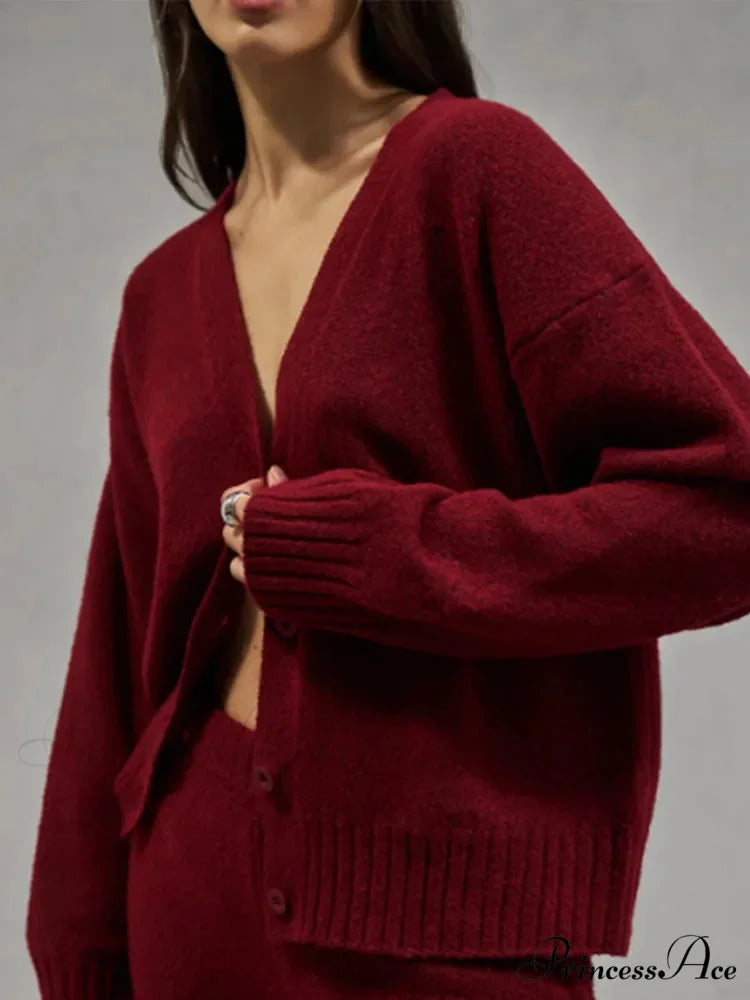 Red Baggy Plunging Neckline Solo Buttoned Cardigan Wine red / S cardigans-241228