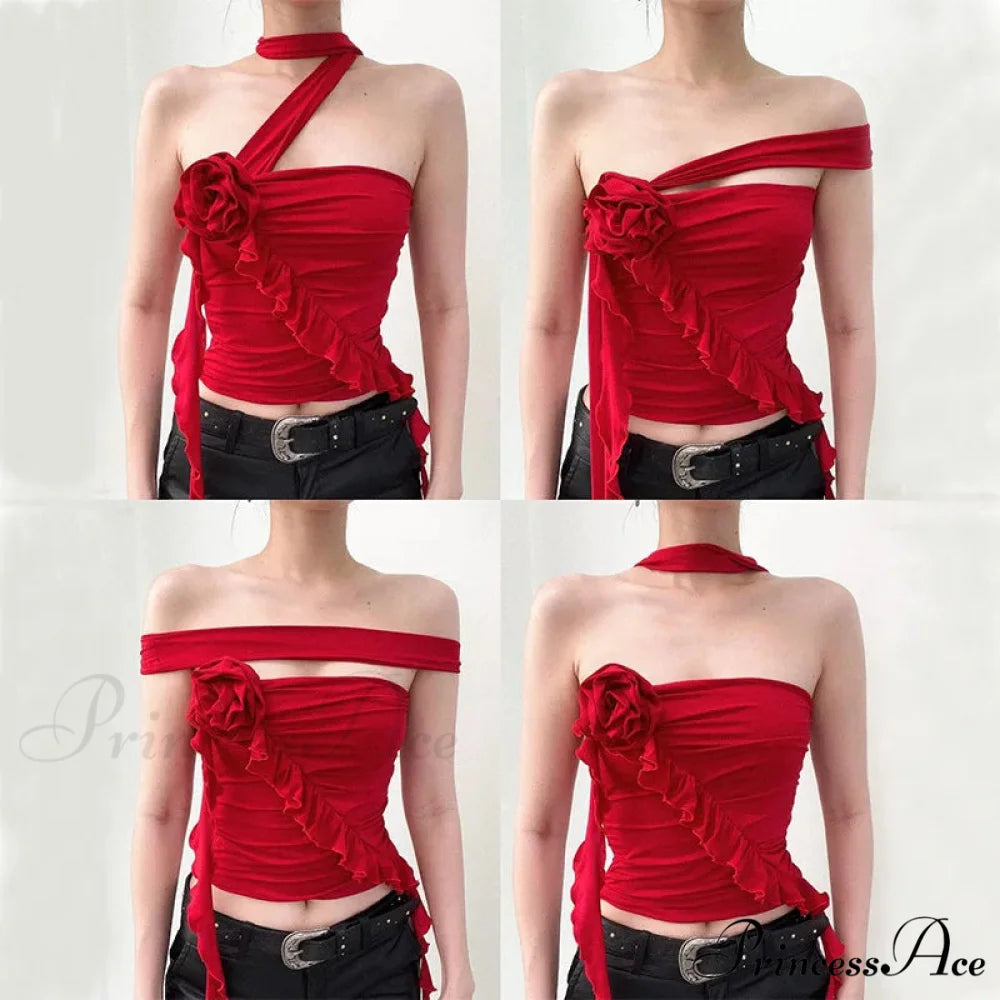 Red Bandage Off Shoulder Halter Backless Bare Midriff Tube Crop Top croptop-250126