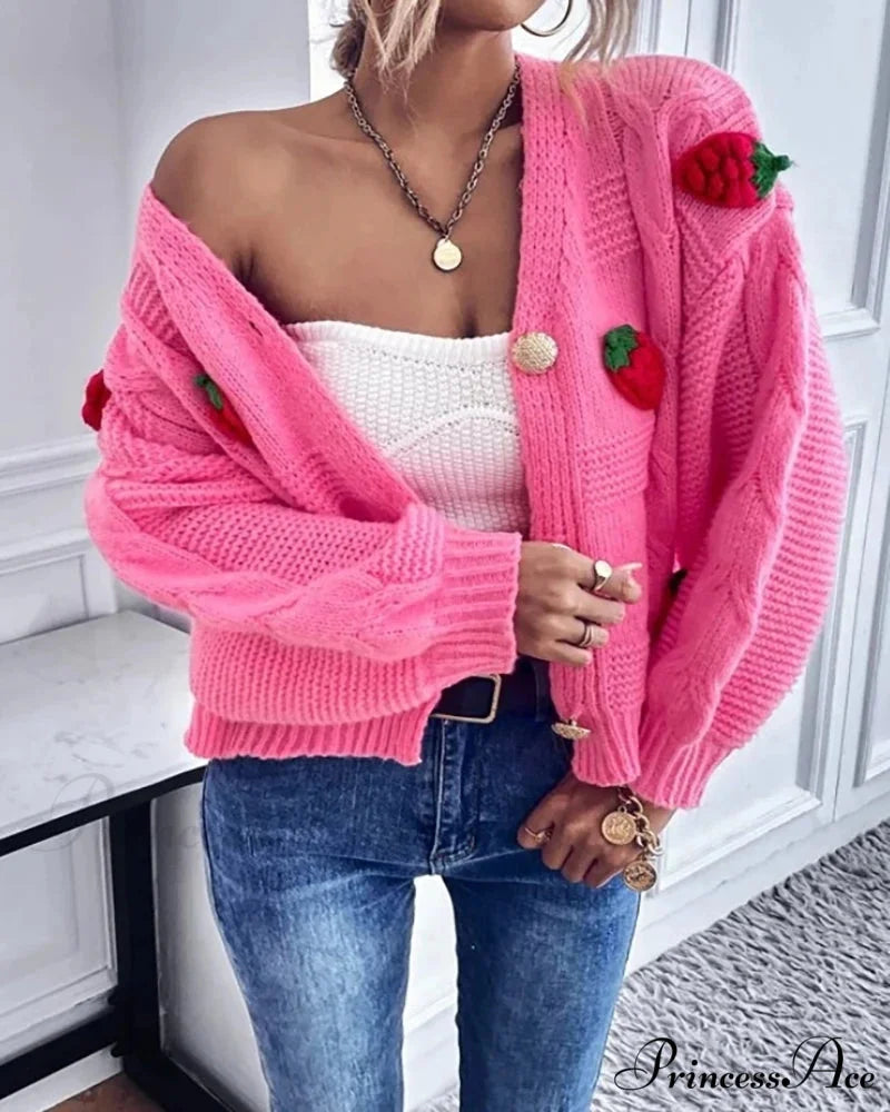 Red Berry Pattern Baggy Knitted Cardigan cardiagn-250126