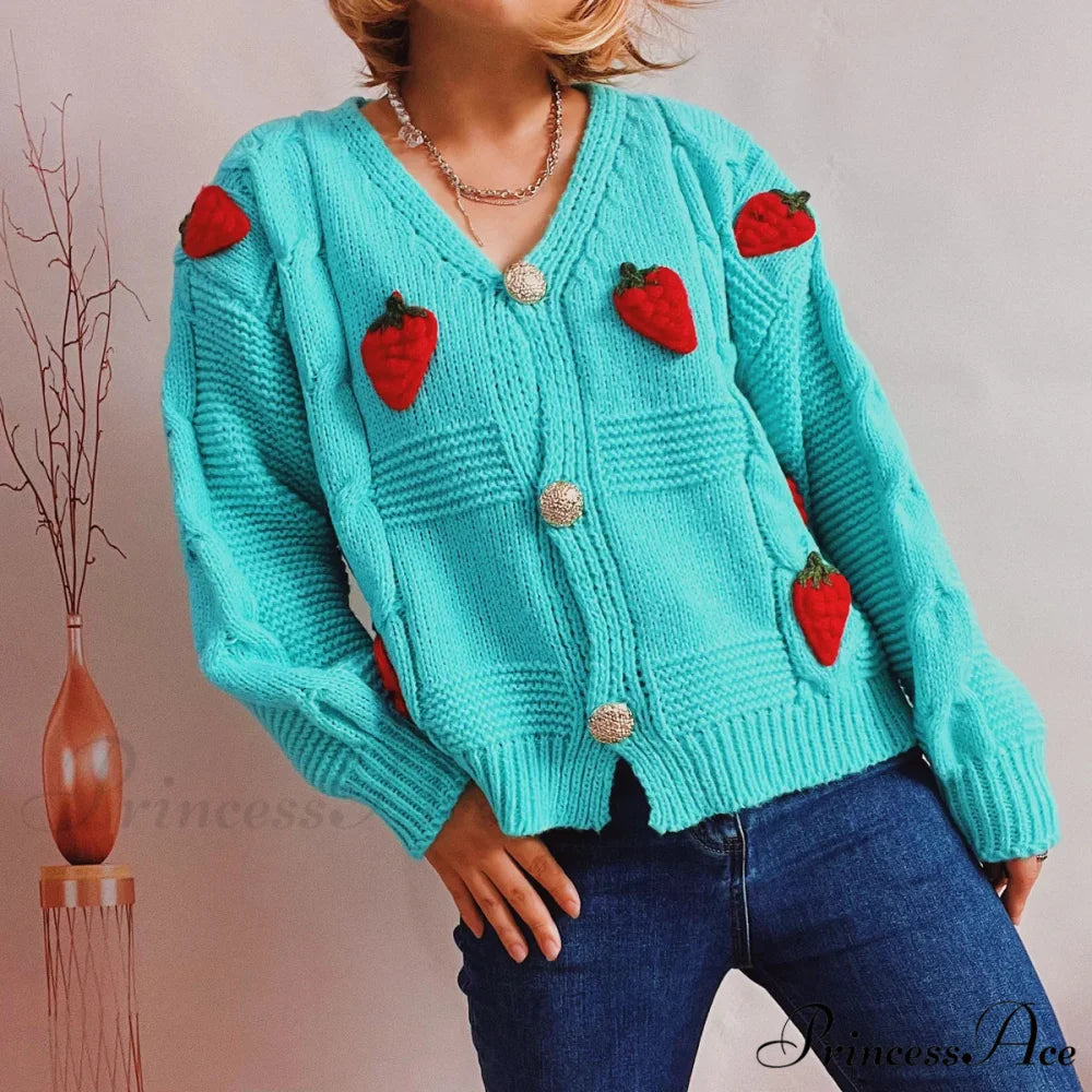 Red Berry Pattern Baggy Knitted Cardigan Light Green / One Size cardiagn-250126