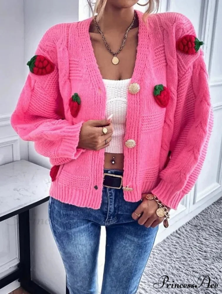 Red Berry Pattern Baggy Knitted Cardigan Pink / One Size cardiagn-250126