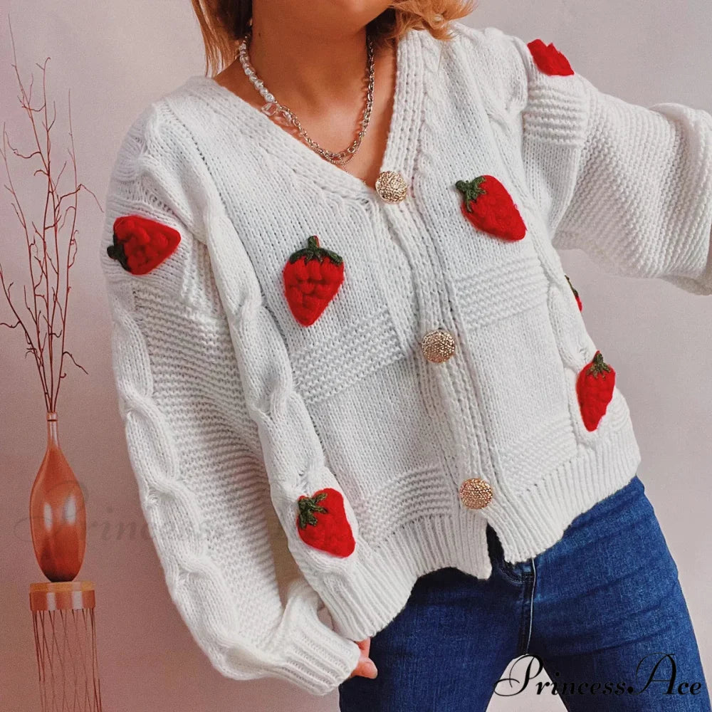 Red Berry Pattern Baggy Knitted Cardigan White / One Size cardiagn-250126