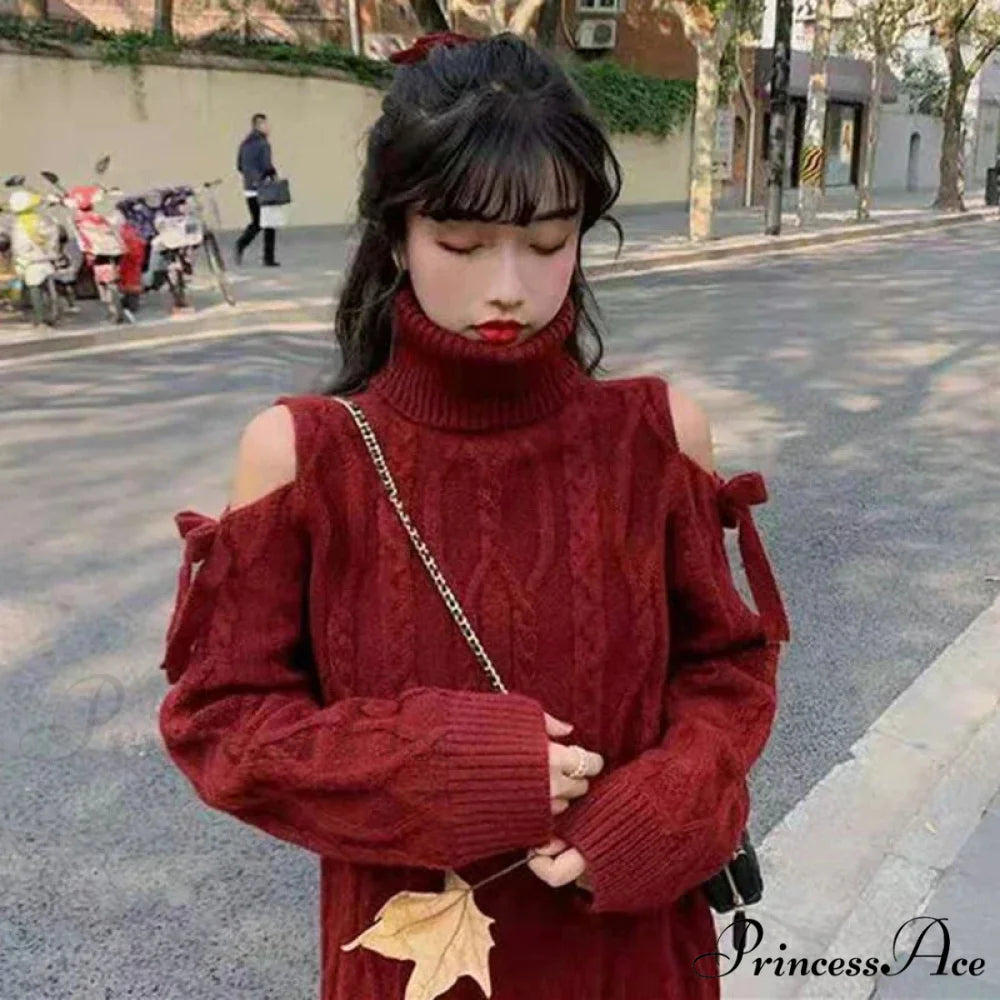 Red Cabel Knit Charming Shoulder Hollow Out Sweater