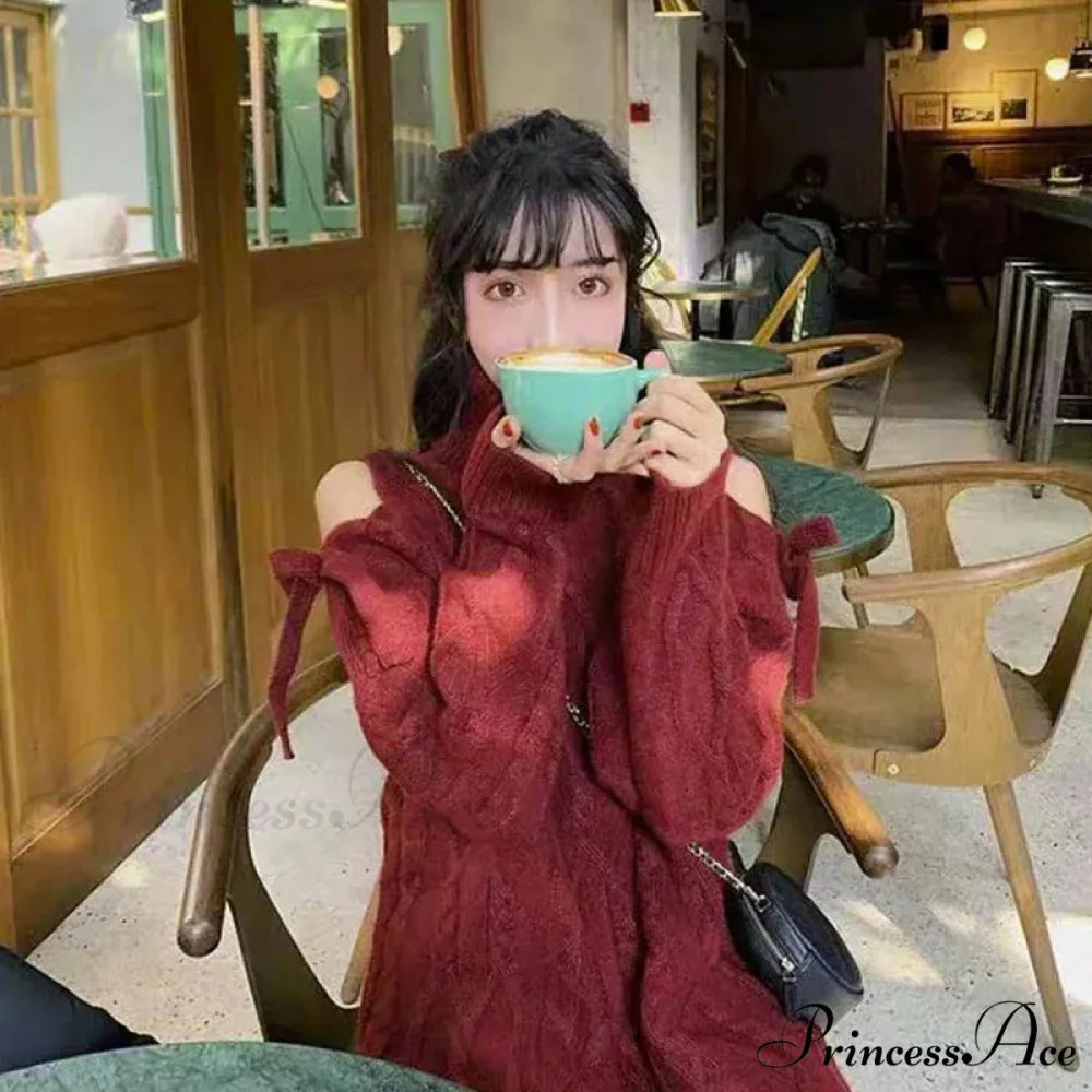 Red Cabel Knit Charming Shoulder Hollow Out Sweater