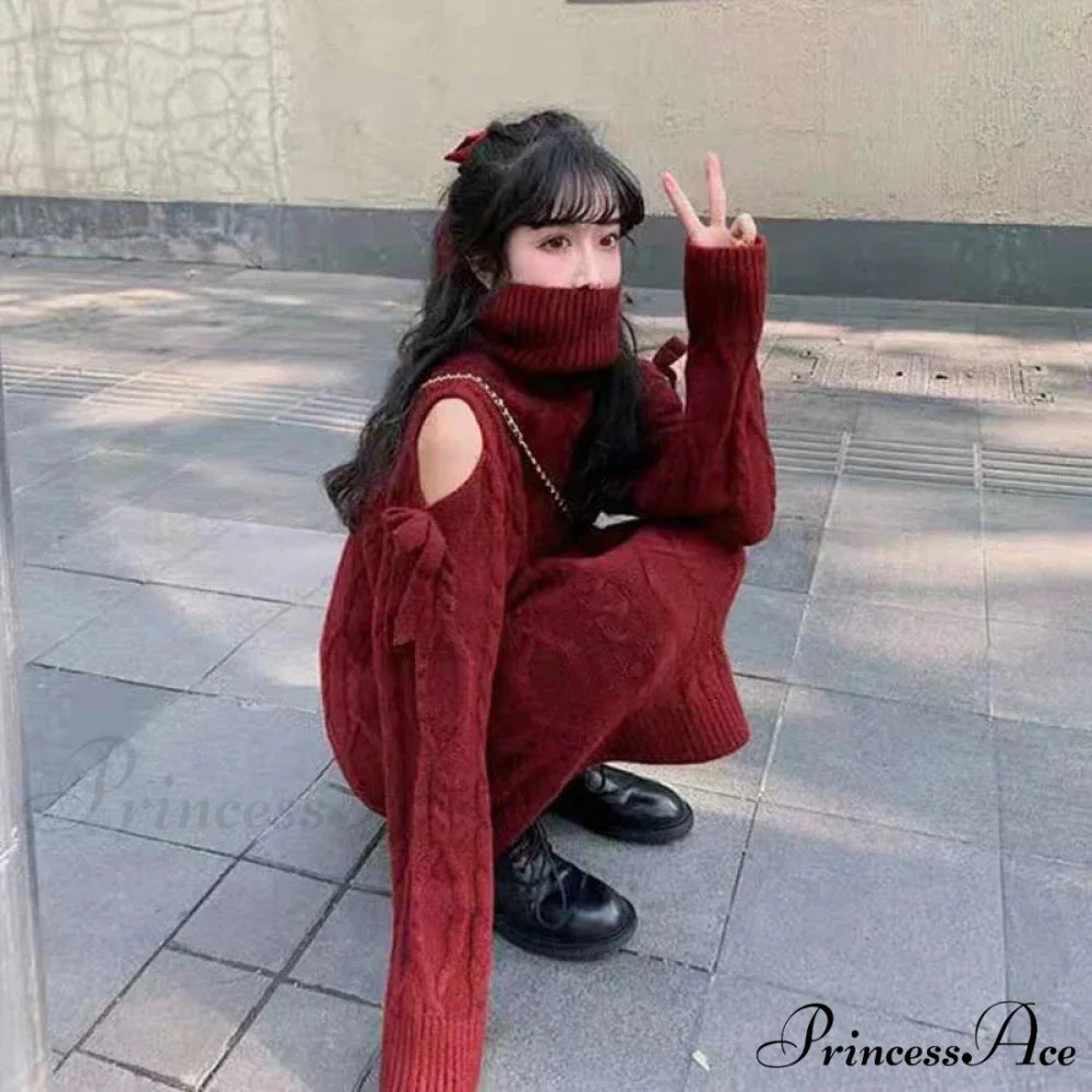 Red Cabel Knit Charming Shoulder Hollow Out Sweater