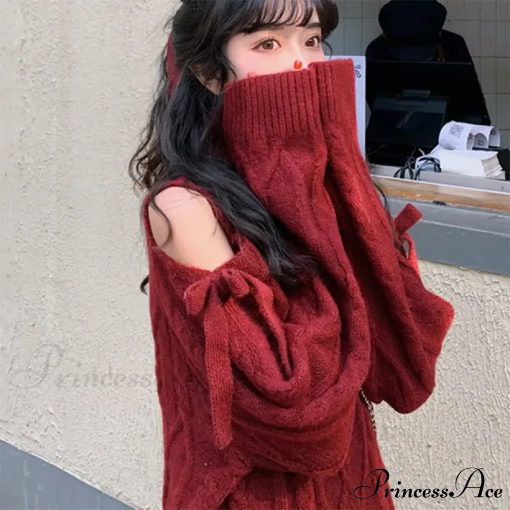 Red Cabel Knit Charming Shoulder Hollow Out Sweater Burgundy / S