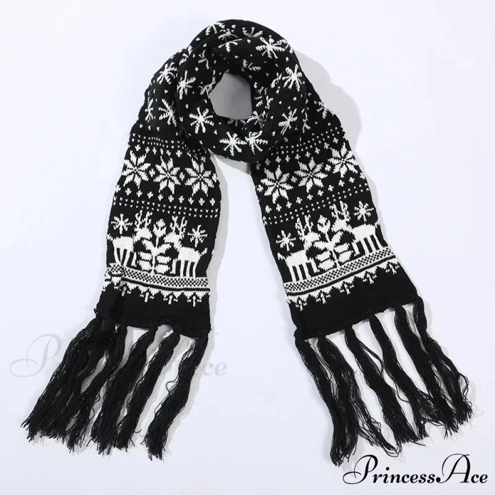 Red Cartoon Reindeer Snowflake Warm Scarf for Christmas Black 1 / 190cm