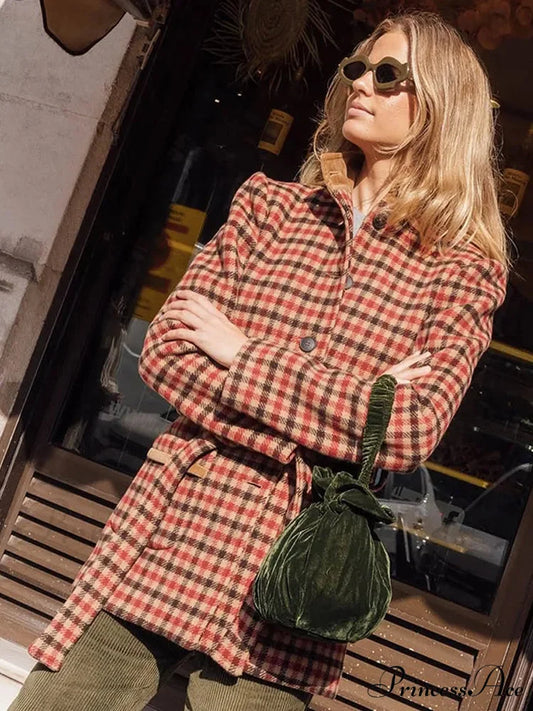Red Checked Wool Jacket with Belt Coat coats-241228