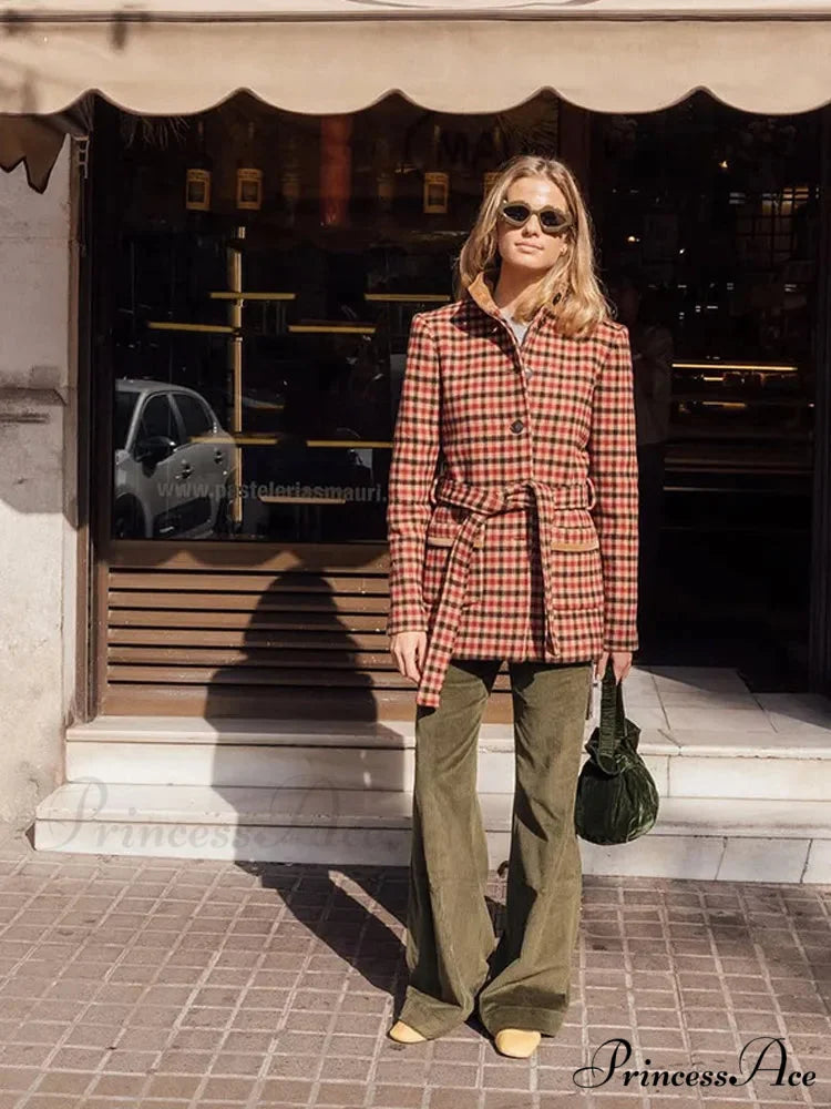 Red Checked Wool Jacket with Belt Coat coats-241228
