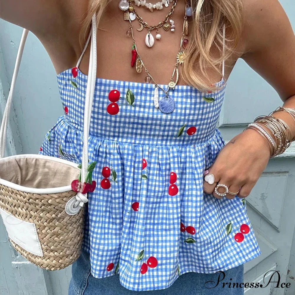 Red Checkered Flared Crop Top Blue / S croptop-250223