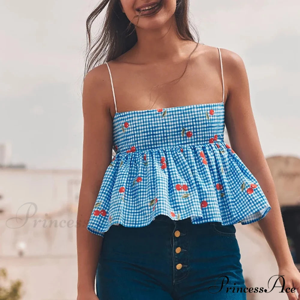 Red Checkered Flared Crop Top croptop-250223