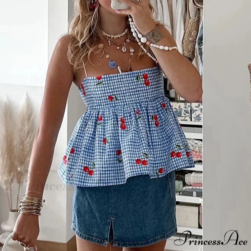 Red Checkered Flared Crop Top croptop-250223