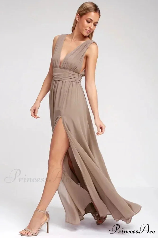 Red Christmas Party Dress - Sexy Backless Mesh Maxi Khaki / S